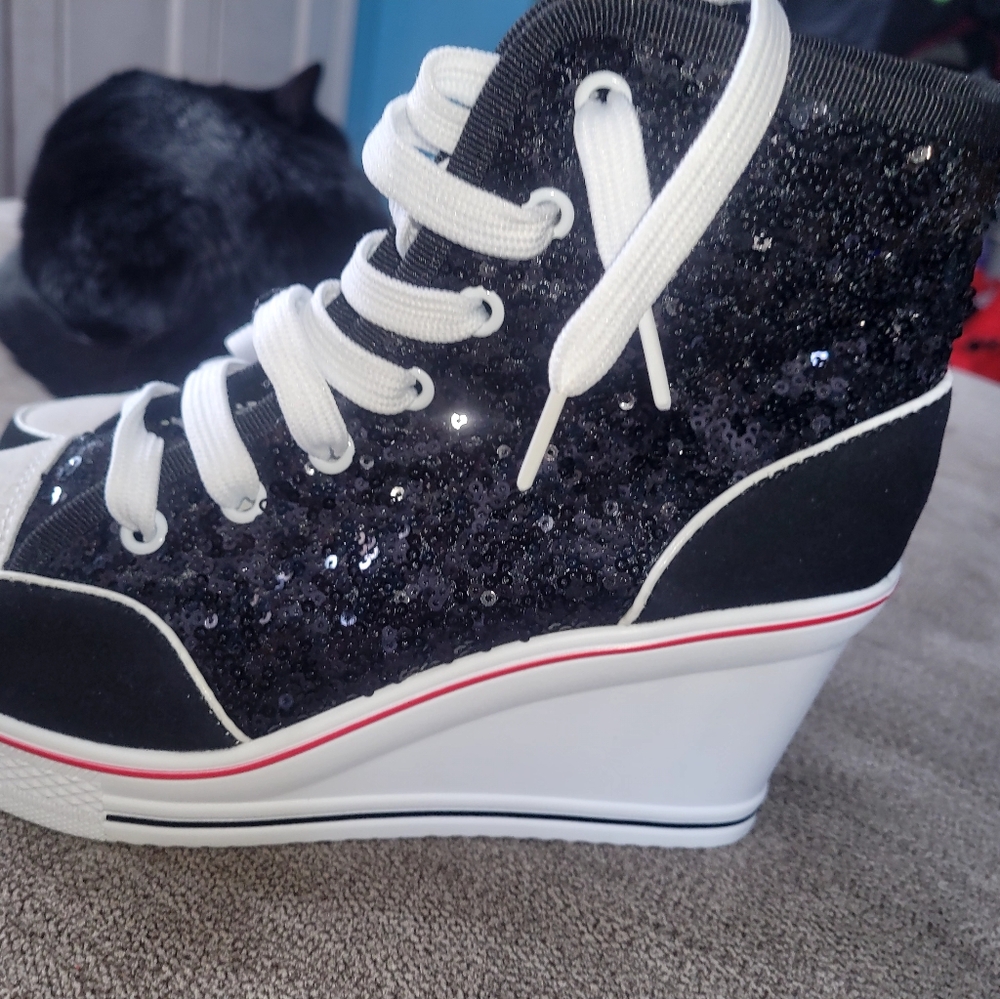 Women's Canvas High-Heeled Bling Shoes Casual Shoes Fashion Sparkling Sneakers f